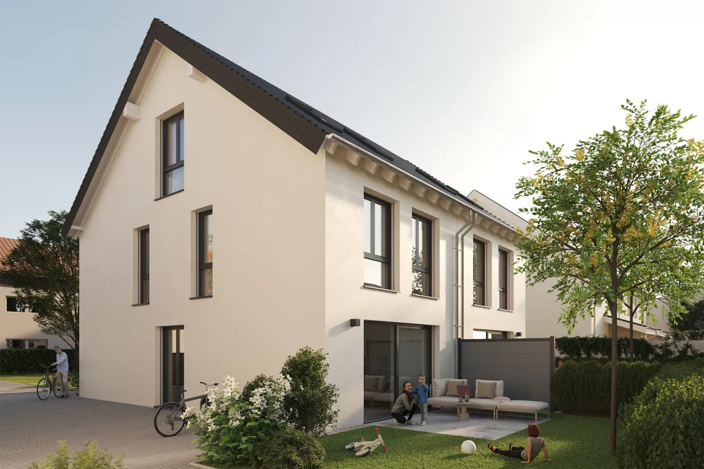 Visualisierung eines modernen Doppelhauses mit heller Fassade und dunklem Satteldach. Im begrünten Garten mit Terrasse halten sich eine Familie und spielende Kinder auf.
