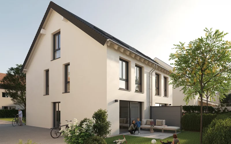 Visualisierung eines modernen Doppelhauses mit heller Fassade und dunklem Satteldach. Im begrünten Garten mit Terrasse halten sich eine Familie und spielende Kinder auf.