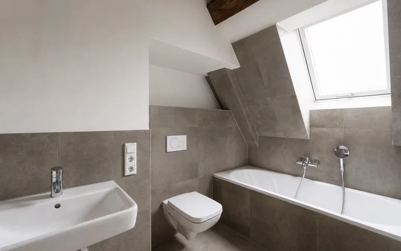 Modernisiertes Badezimmer im Dachgeschoss mit Badewanne, Waschbecken und WC, grauen Fliesen, Dachfenster und sichtbarem Holzbalken.