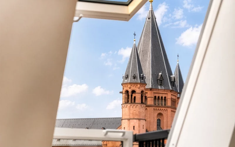 Blick durch ein geöffnetes Fenster auf die markanten roten Sandsteintürme eines historischen Kirchengebäudes vor blauem Himmel.